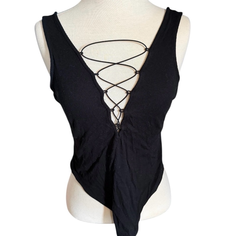 Forever 21 Black Lace-Up Ribbed Bodysuit